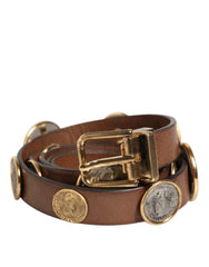 Dolce & Gabbana Brown Leather Gold Silver Coin Buckle Belt - 90 cm / 36 Inches