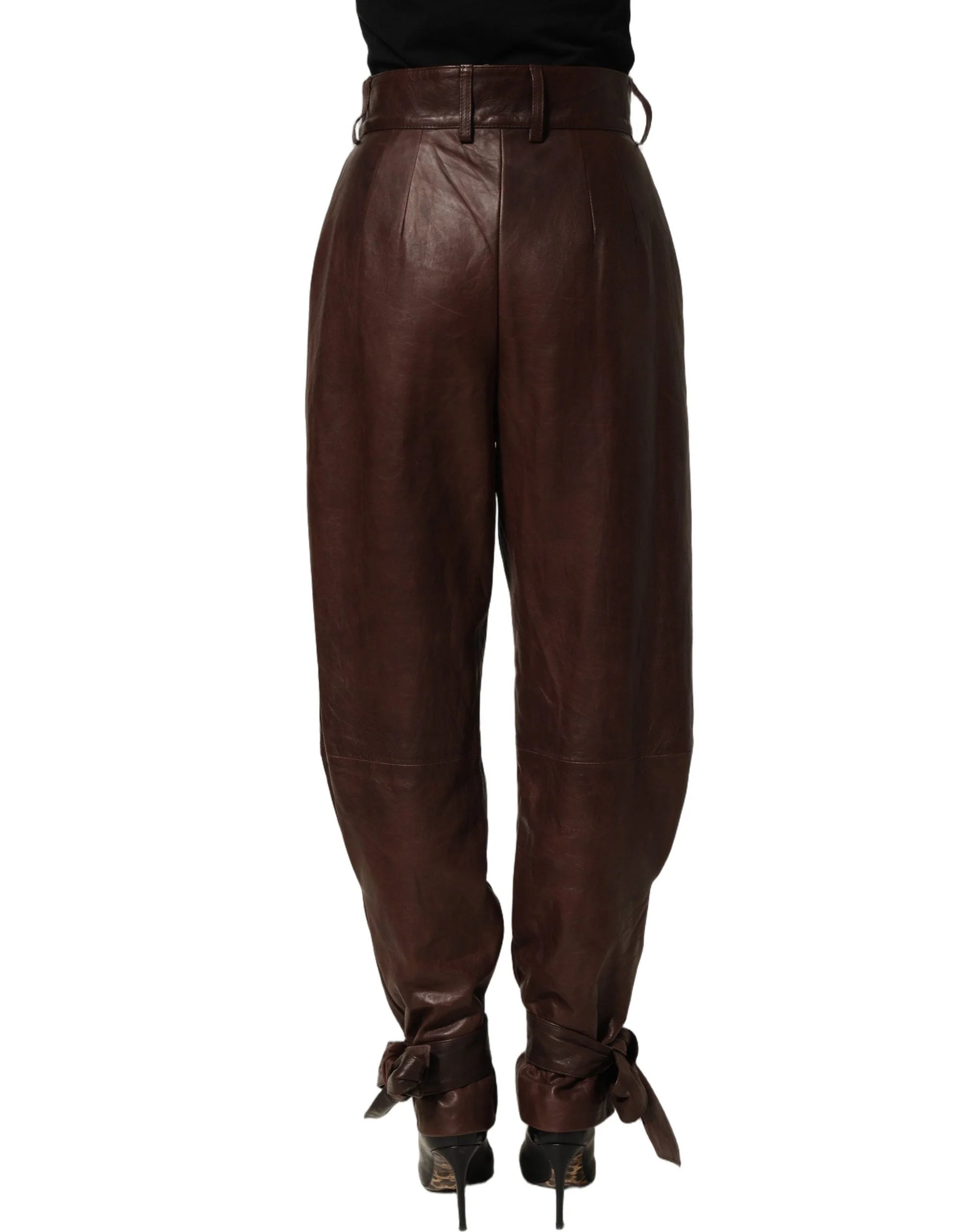 Dolce & Gabbana Brown Leather High Waist Tapered Leg Pants - IT40|S