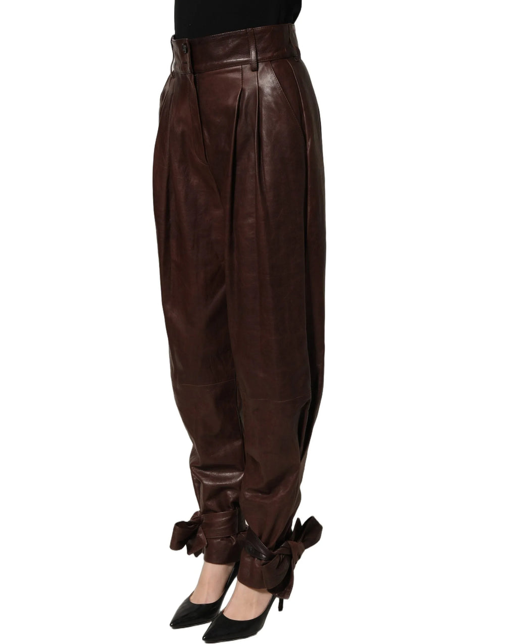 Dolce & Gabbana Brown Leather High Waist Tapered Leg Pants - IT40|S