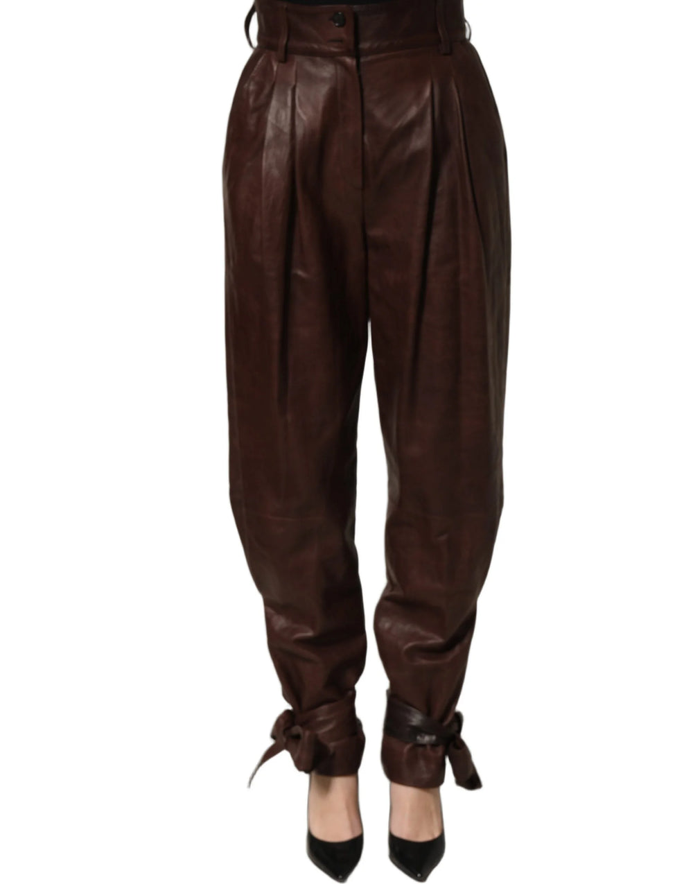 Dolce & Gabbana Brown Leather High Waist Tapered Leg Pants - IT40|S