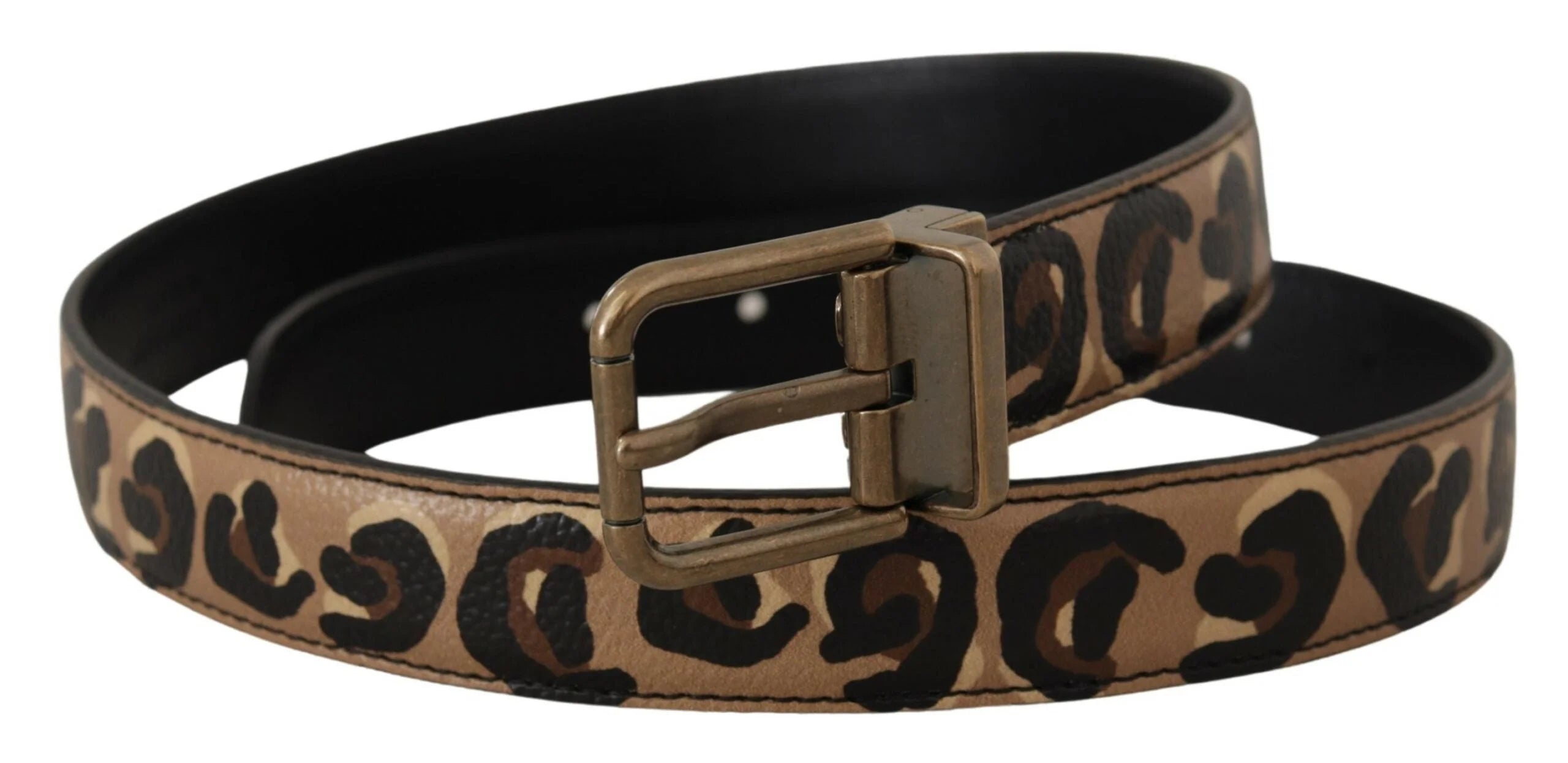 Dolce & Gabbana Brown Leather Leopard Print Bronze Metal Buckle Belt - 75 cm / 29,5 Inches - Belts