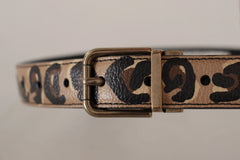 Dolce & Gabbana Brown Leather Leopard Print Bronze Metal Buckle Belt - 75 cm / 29,5 Inches - Belts