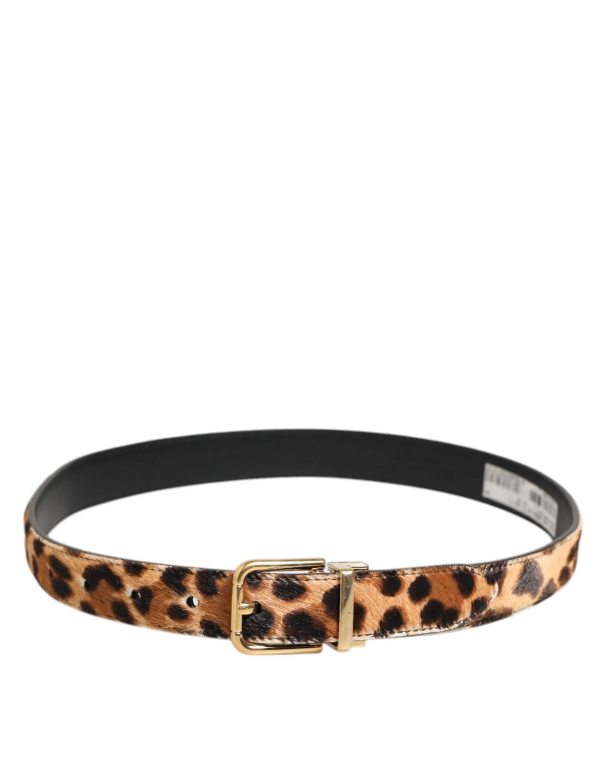 Dolce & Gabbana Brown Leather Leopard Print Metal Buckle Belt - 75 cm / 29,5 Inches - Belts