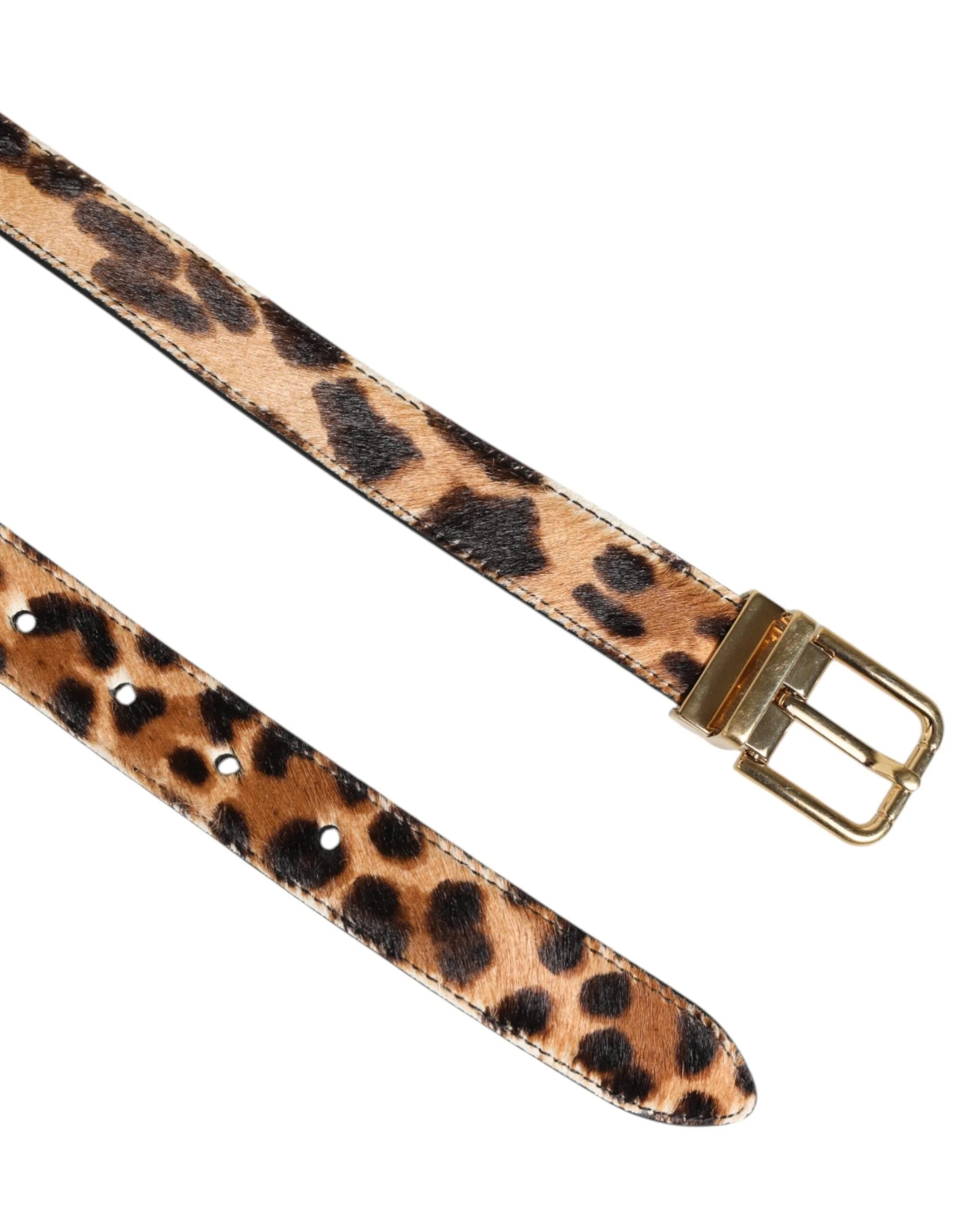 Dolce & Gabbana Brown Leather Leopard Print Metal Buckle Belt - 75 cm / 29,5 Inches - Belts