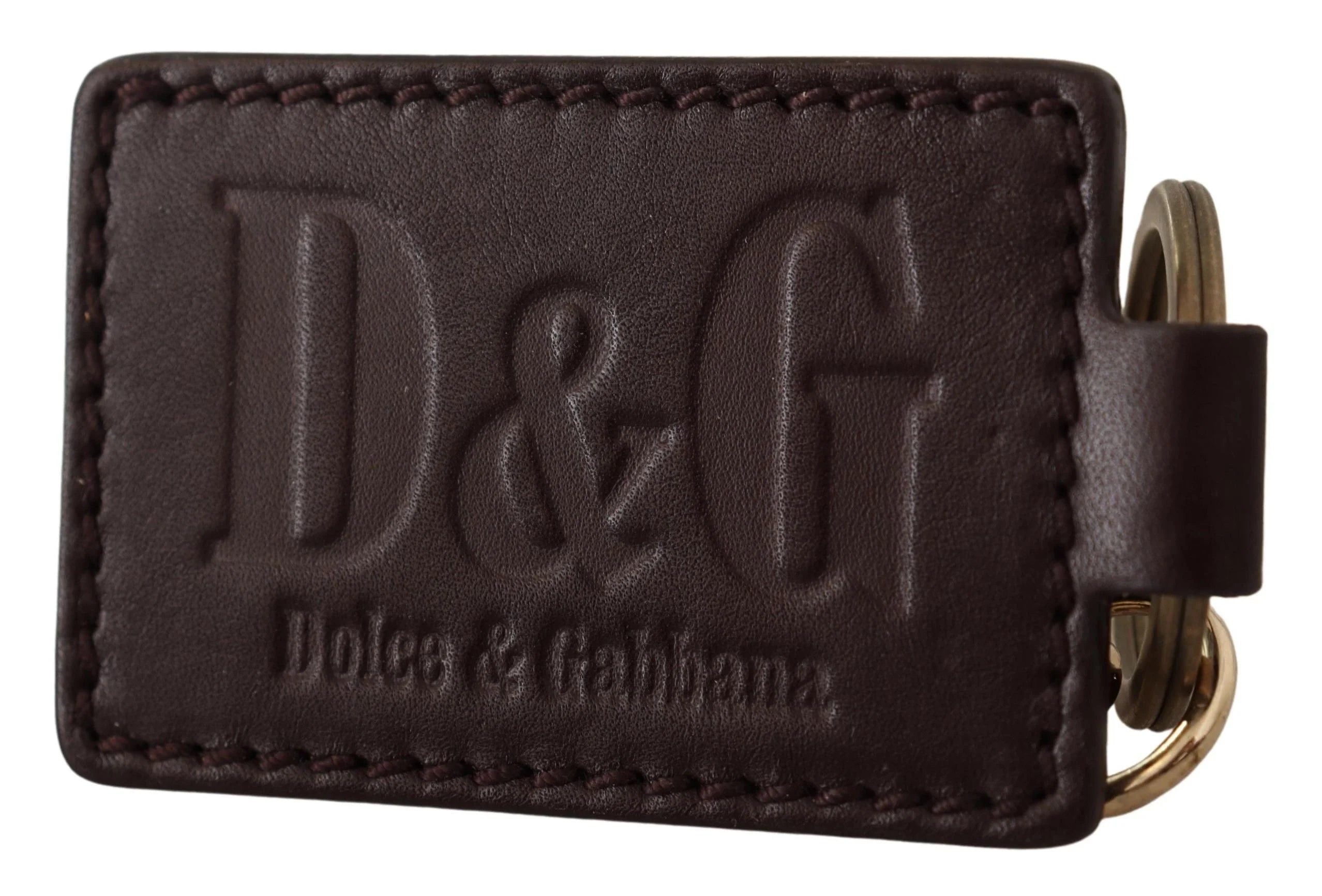 Dolce & Gabbana Brown Leather Logo Metal Ring Hook Keychain - Keychains