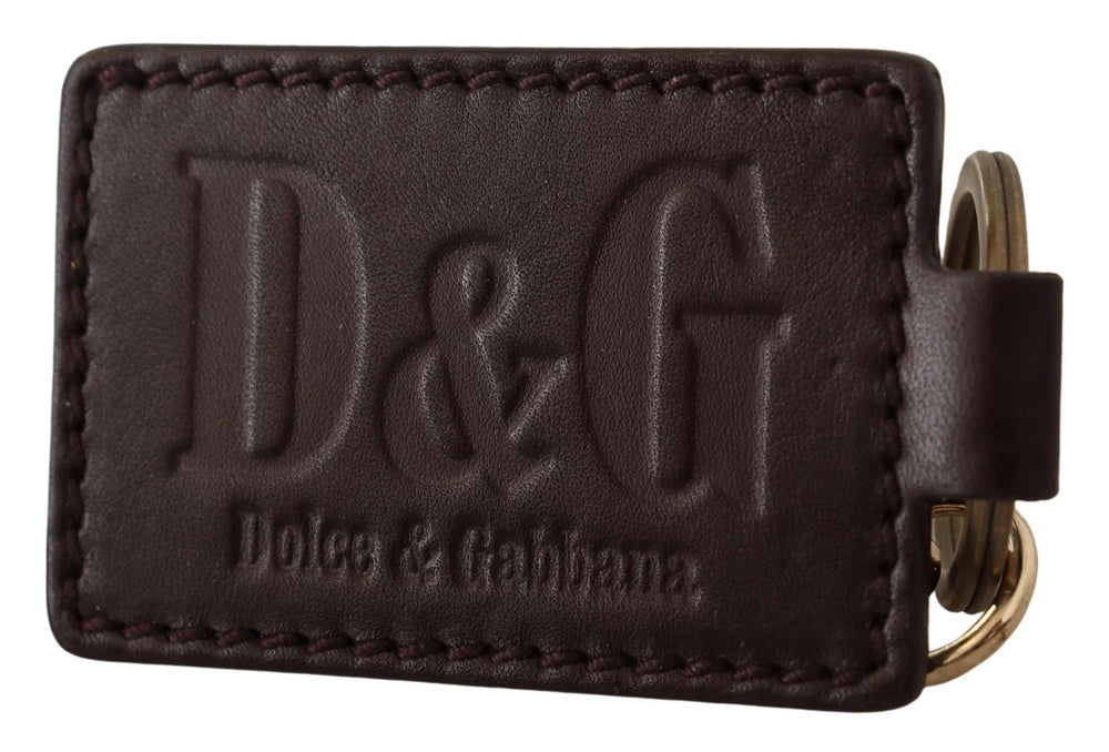 Dolce & Gabbana Brown Leather Logo Metal Ring Hook Keychain - Keychains