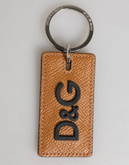 Dolce & Gabbana Brown Leather Logo Metal Ring Keychain Holder Men Keyring - Keychains