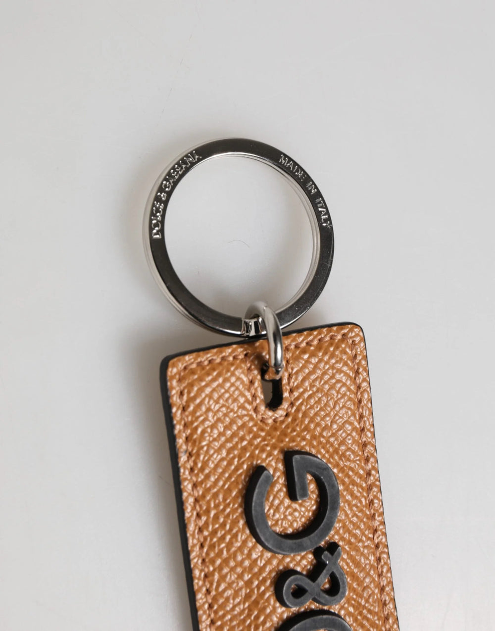Dolce & Gabbana Brown Leather Logo Metal Ring Keychain Holder Men Keyring - Keychains