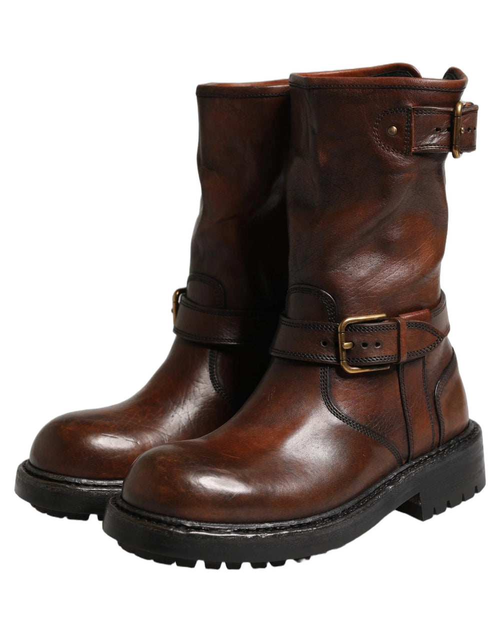Dolce & Gabbana Brown Leather Mid Calf Biker Boots Shoes - EU39/US6