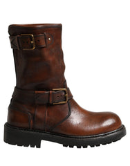 Dolce & Gabbana Brown Leather Mid Calf Biker Boots Shoes - EU39/US6