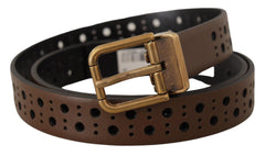 Dolce & Gabbana Brown Leather Perforated Crown Belt - 90 cm / 36 Inches - Belts