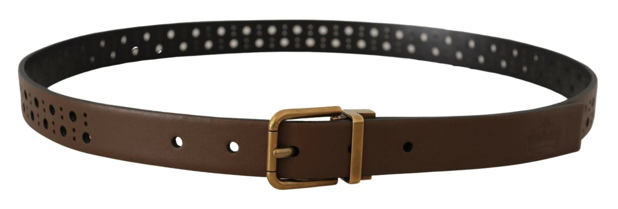 Dolce & Gabbana Brown Leather Perforated Crown Belt - 90 cm / 36 Inches - Belts