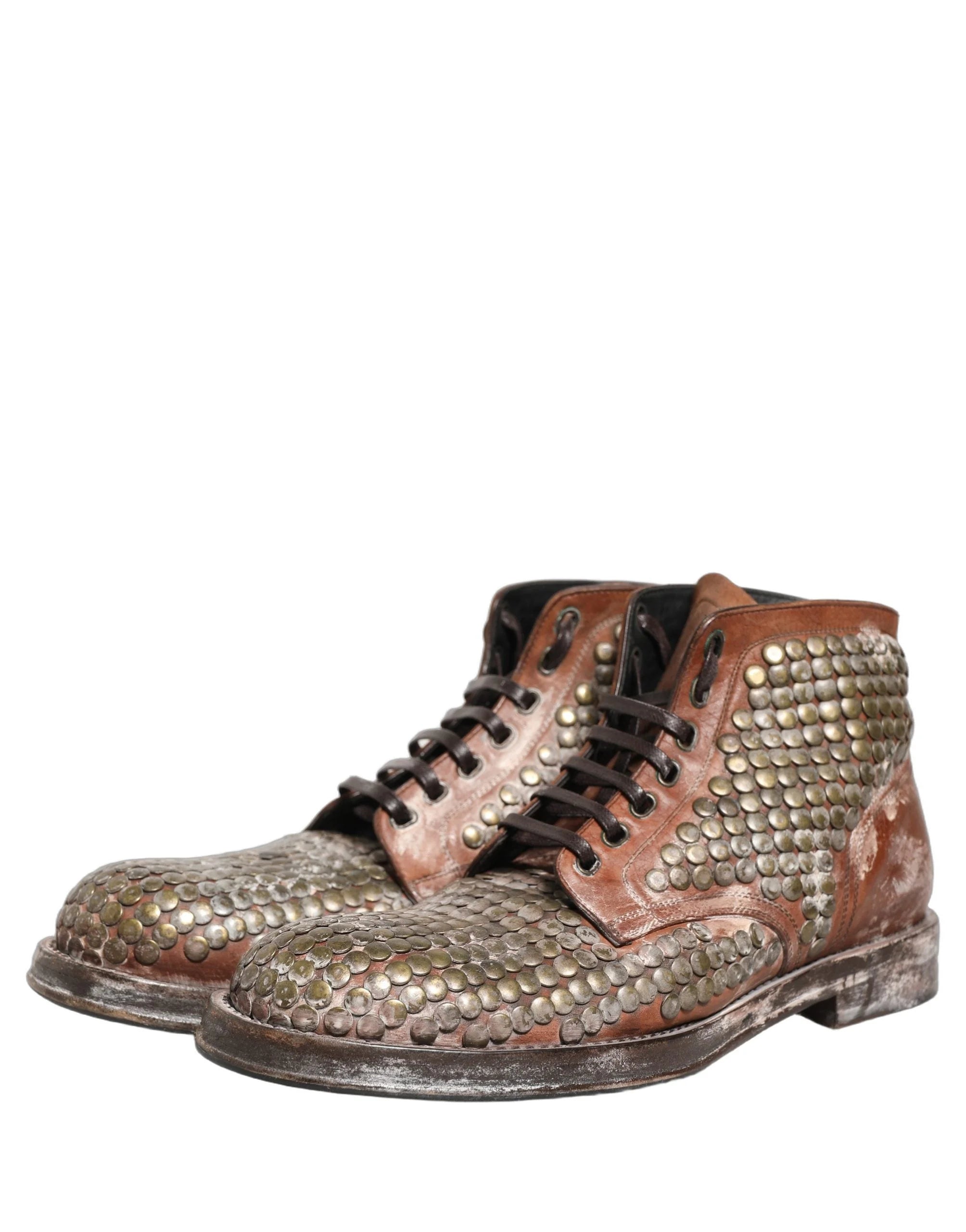 Dolce & Gabbana Brown Leather Runway Studs Ankle Boots Shoes - EU44/US11