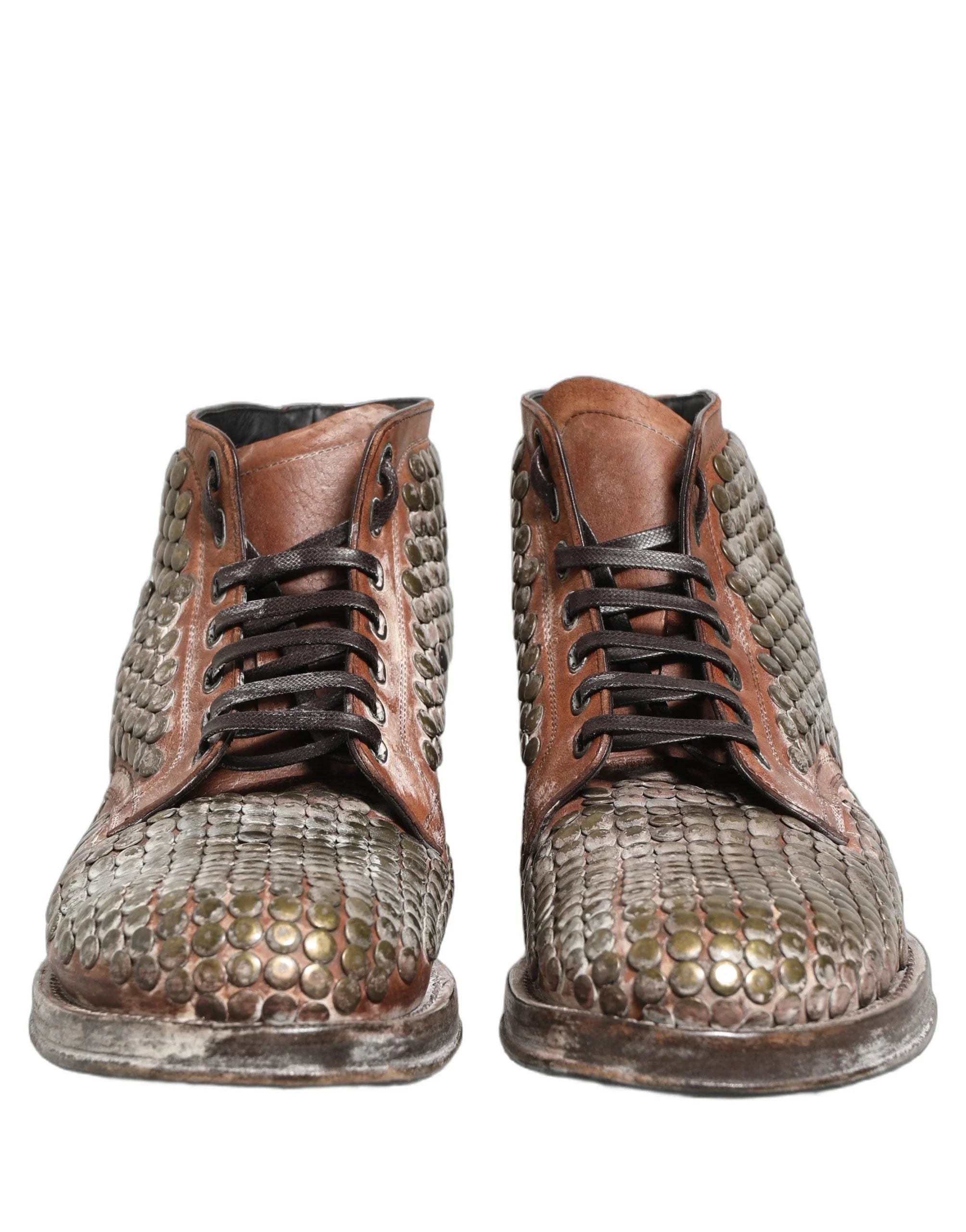 Dolce & Gabbana Brown Leather Runway Studs Ankle Boots Shoes - EU44/US11