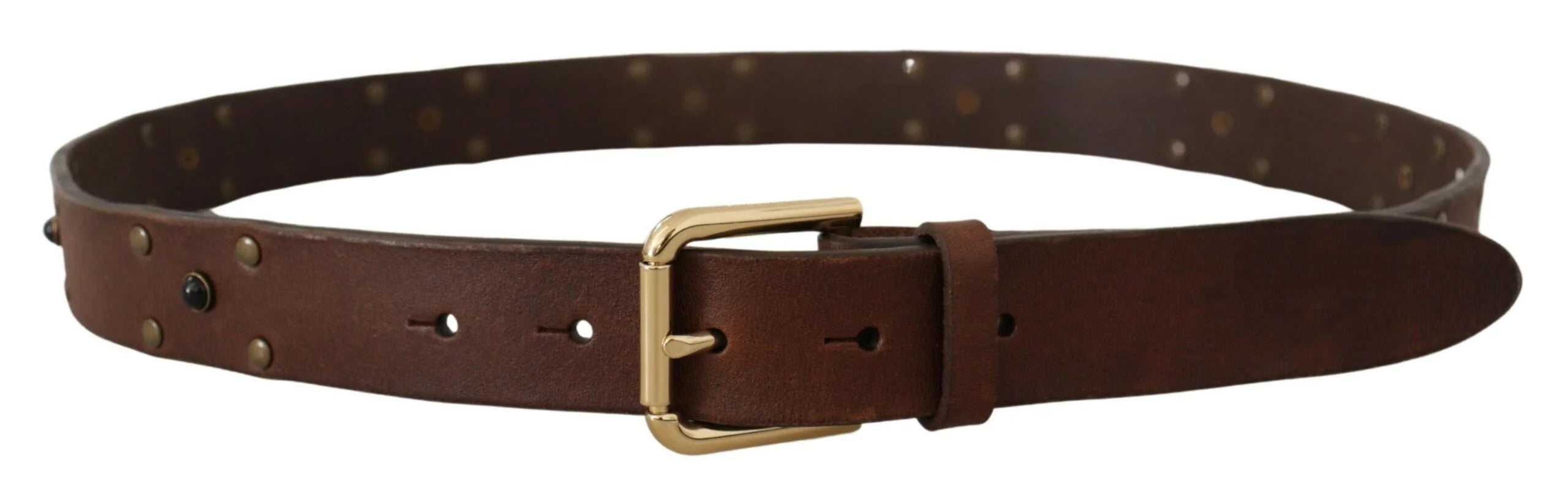 Dolce & Gabbana Brown Leather Studded Gold Tone Metal Buckle Belt - 90 cm / 36 Inches - Belts