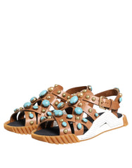 Dolce & Gabbana Brown Leather Studded Slides Sandals Shoes - Sandals
