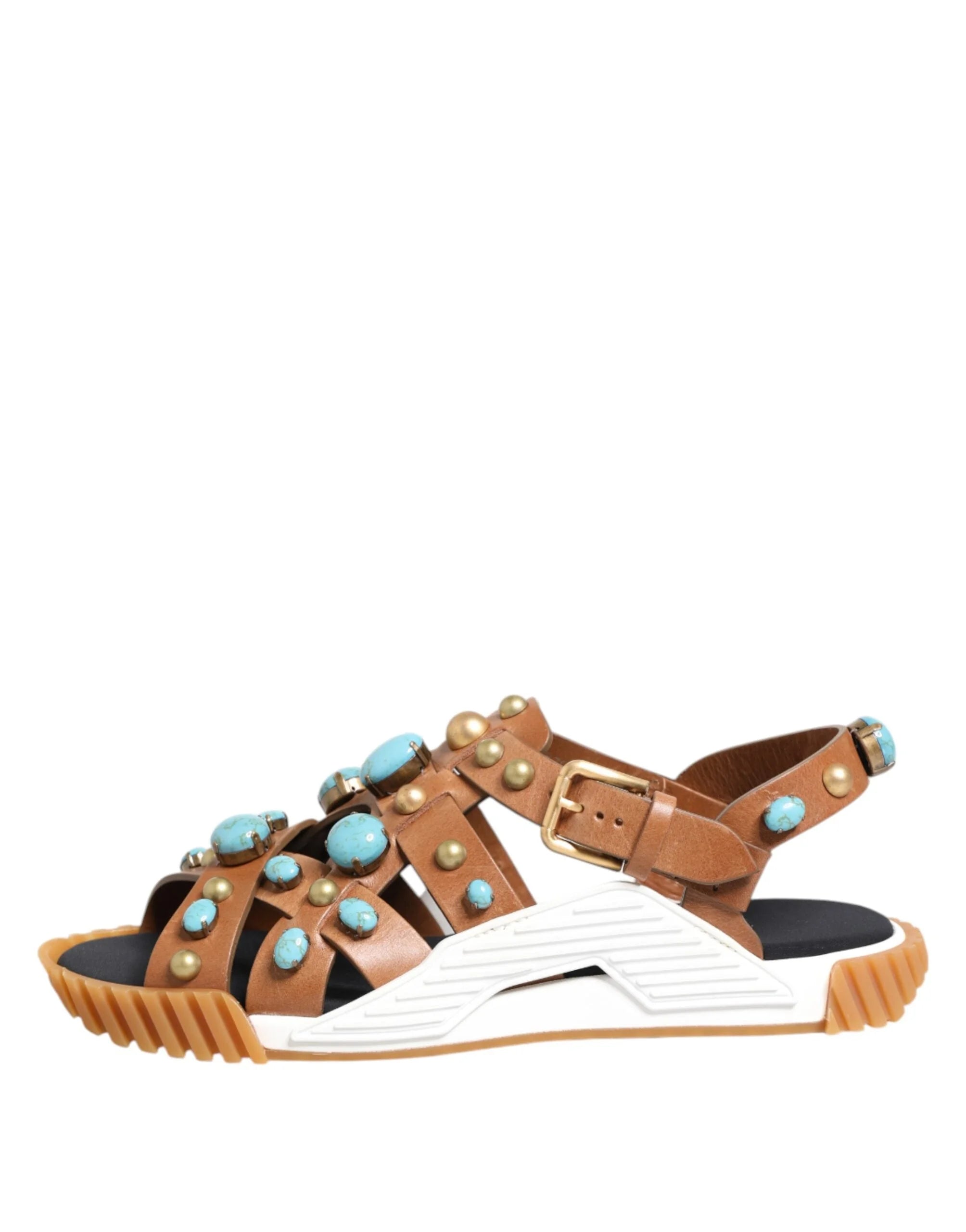 Dolce & Gabbana Brown Leather Studded Slides Sandals Shoes - Sandals
