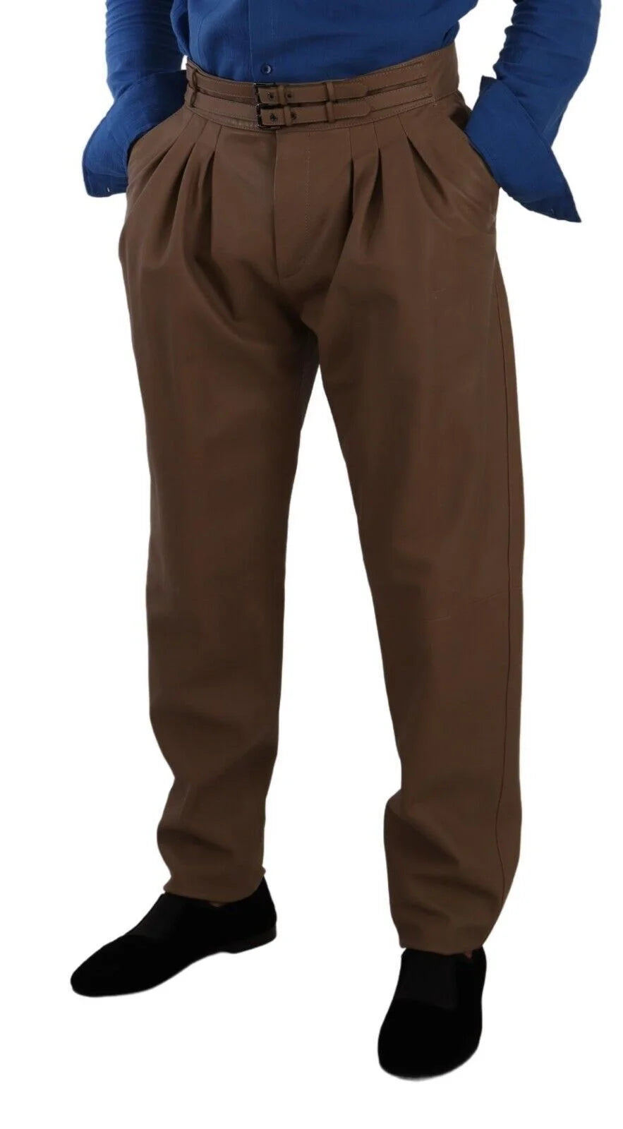 Dolce & Gabbana Brown Leather Tapered High Waist Pants - IT48 | M - Trousers