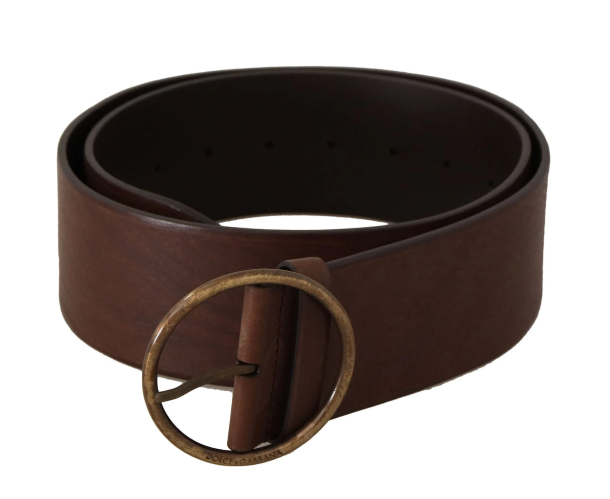 Dolce & Gabbana Brown Leather Wide Waist Logo Metal Round Buckle Belt - 90 cm / 36 Inches - Belts