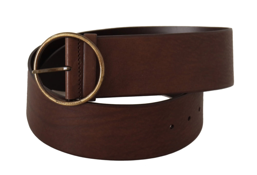 Dolce & Gabbana Brown Leather Wide Waist Logo Metal Round Buckle Belt - 90 cm / 36 Inches - Belts