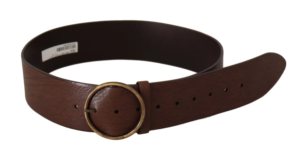 Dolce & Gabbana Brown Leather Wide Waist Logo Metal Round Buckle Belt - 90 cm / 36 Inches - Belts