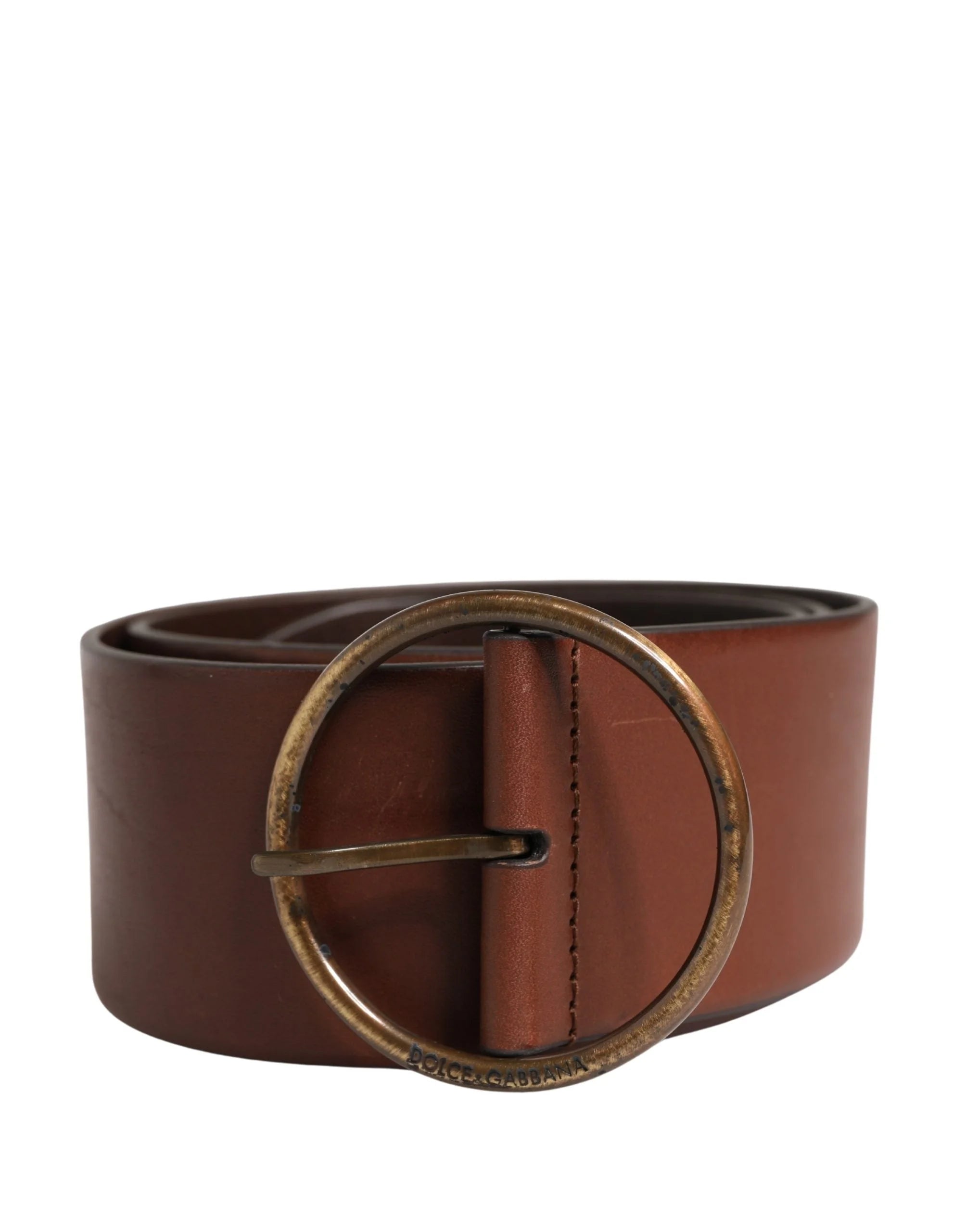 Dolce & Gabbana Brown Leather Wide Waist Metal Round Belt - 90 cm / 36 Inches