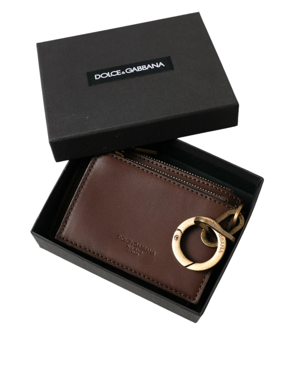 Dolce & Gabbana Brown Leather Zip Logo Keyring Coin Purse Keyring Wallet - Wallets