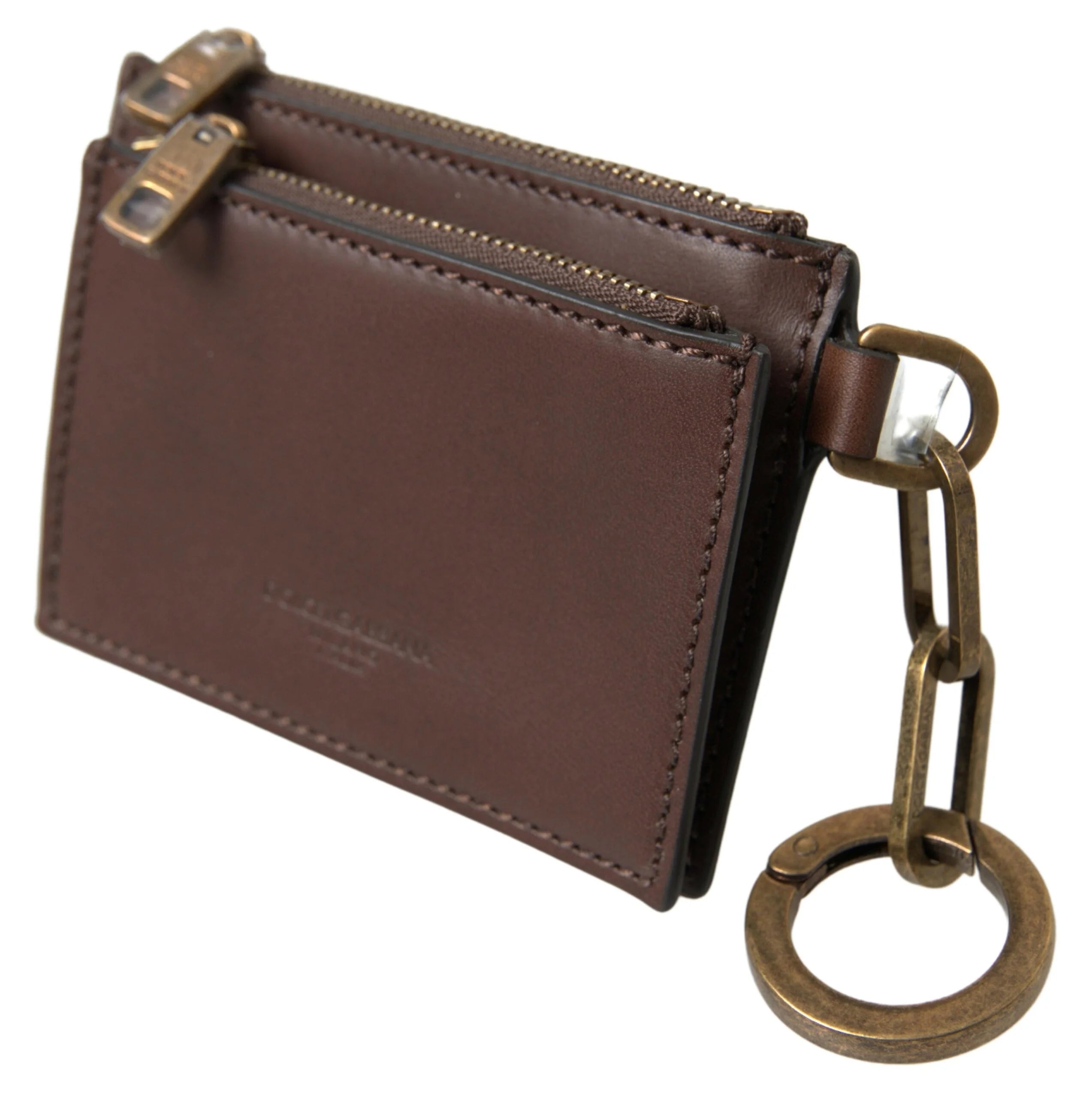 Dolce & Gabbana Brown Leather Zip Logo Keyring Coin Purse Wallet - Wallets