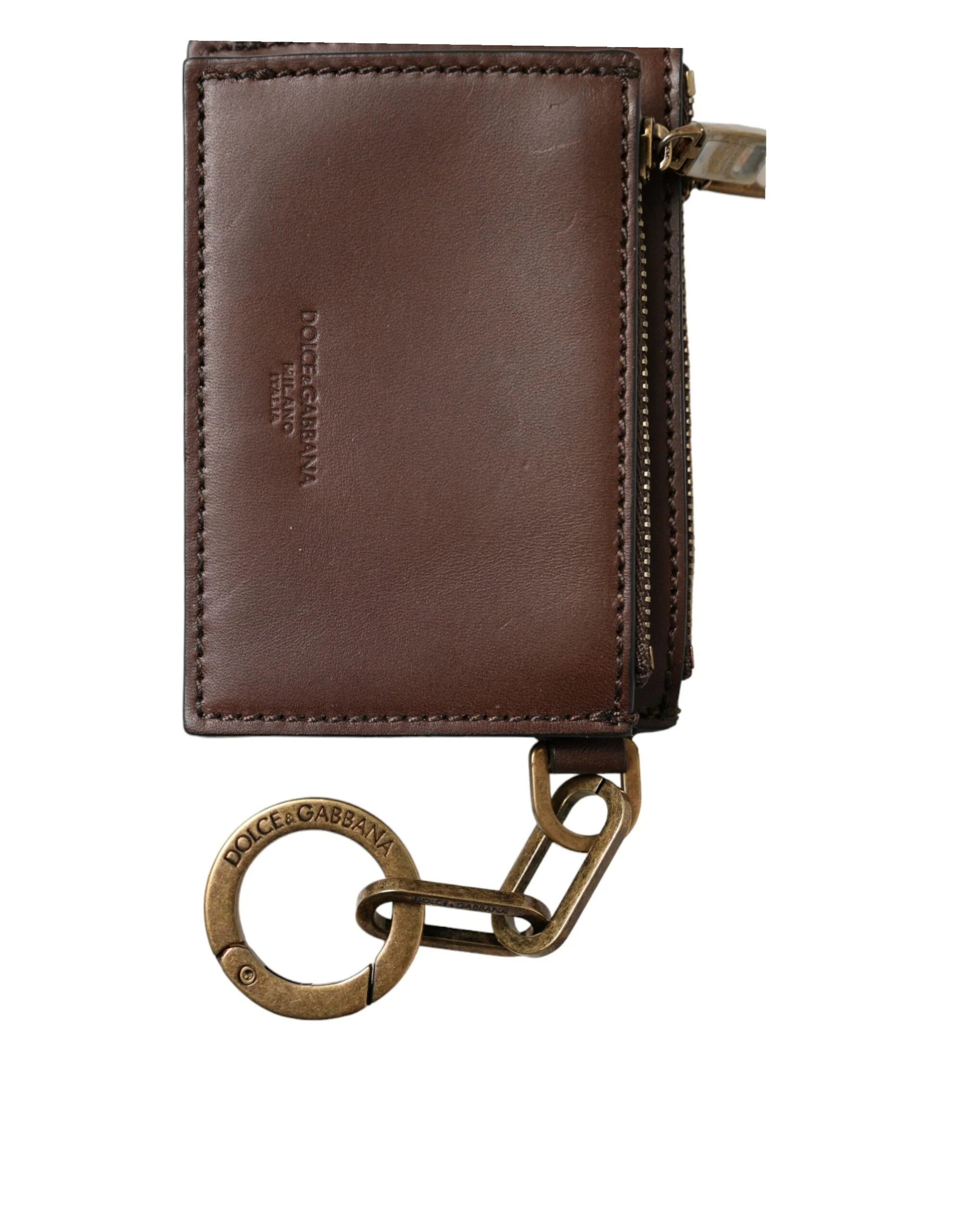 Dolce & Gabbana Brown Leather Zip Logo Keyring Coin Purse Keyring Wallet - Wallets