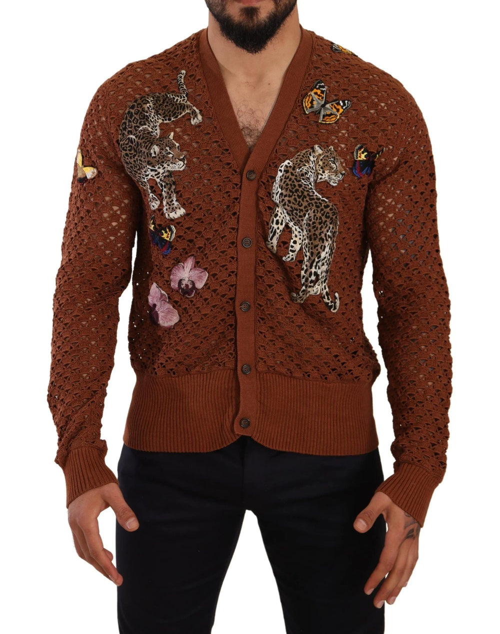 Dolce & Gabbana Brown Leopard Butterfly Cardigan Sweater - IT52 | XL - Cardigans