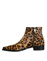 Dolce & Gabbana Brown Leopard Calf Fur Ankle Boots Shoes - Boots
