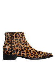 Dolce & Gabbana Brown Leopard Calf Fur Ankle Boots Shoes - Boots