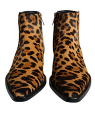 Dolce & Gabbana Brown Leopard Calf Fur Ankle Boots Shoes - Boots