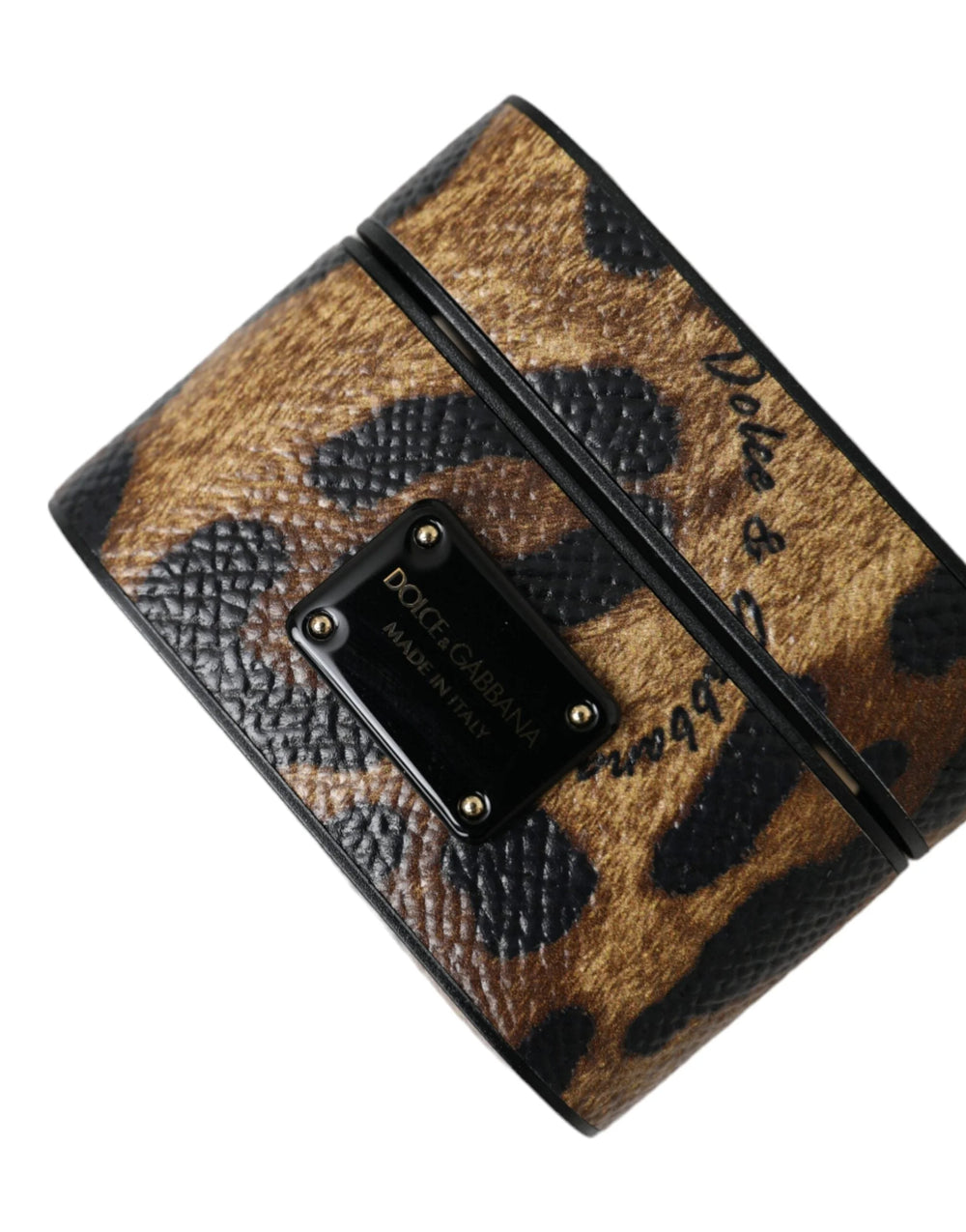 Dolce & Gabbana Brown Leopard Calf Leather Metal Logo Plaque Airpods Case - Headphone Carrying Cases