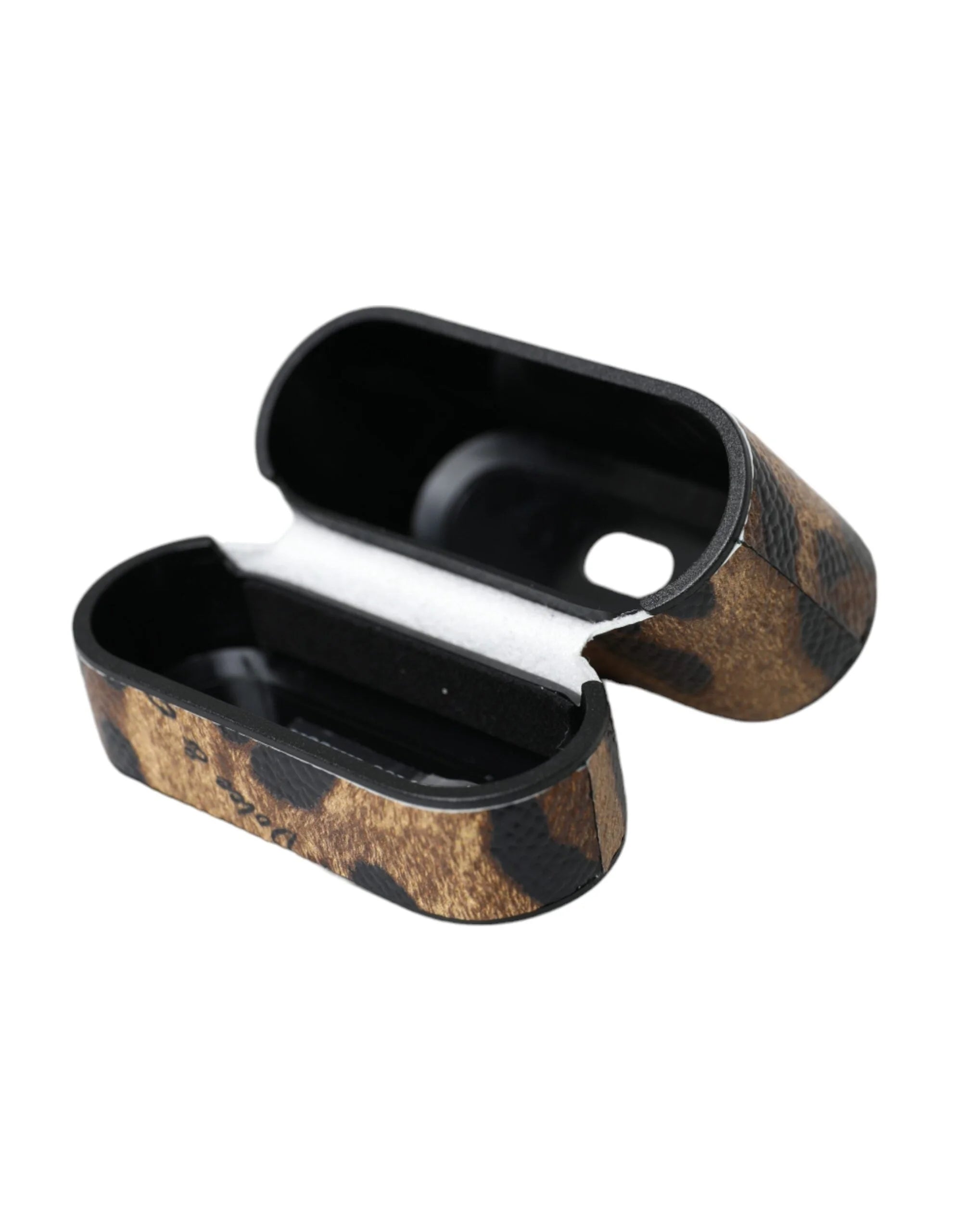 Dolce & Gabbana Brown Leopard Calf Leather Metal Logo Plaque Airpods Case - Headphone Carrying Cases