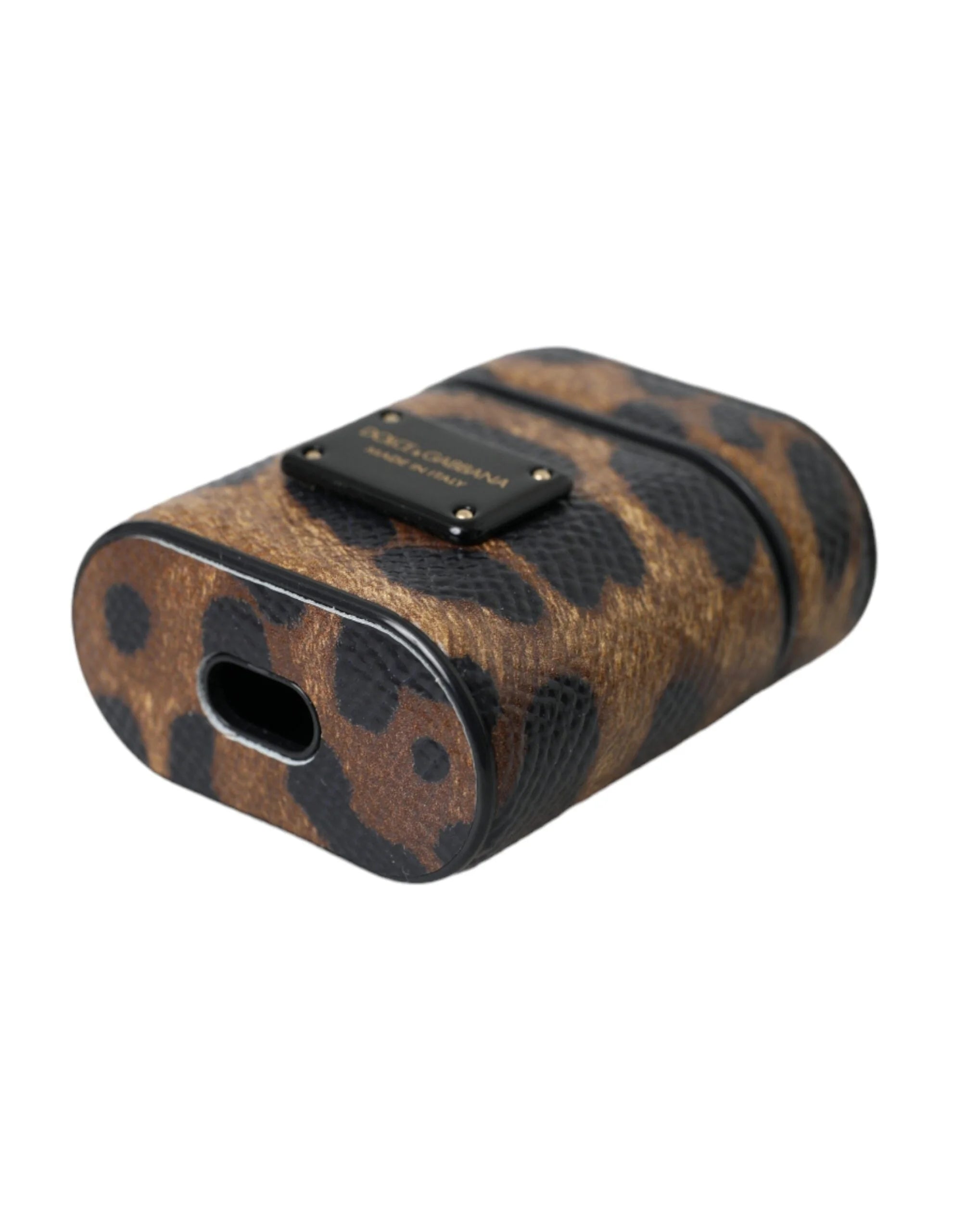 Dolce & Gabbana Brown Leopard Calf Leather Metal Logo Plaque Airpods Case - Headphone Carrying Cases