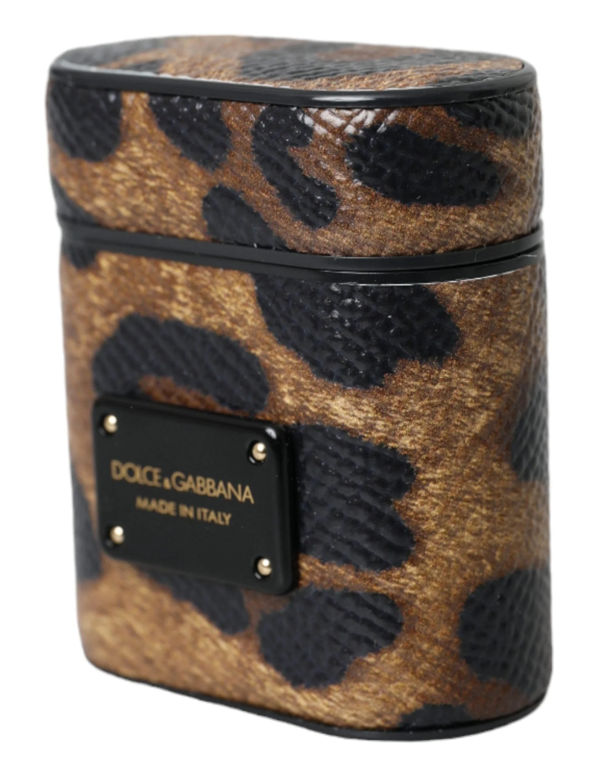 Dolce & Gabbana Brown Leopard Calf Leather Metal Logo Plaque Airpods Case - Headphone Carrying Cases