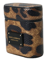 Dolce & Gabbana Brown Leopard Calf Leather Metal Logo Plaque Airpods Case - Headphone Carrying Cases