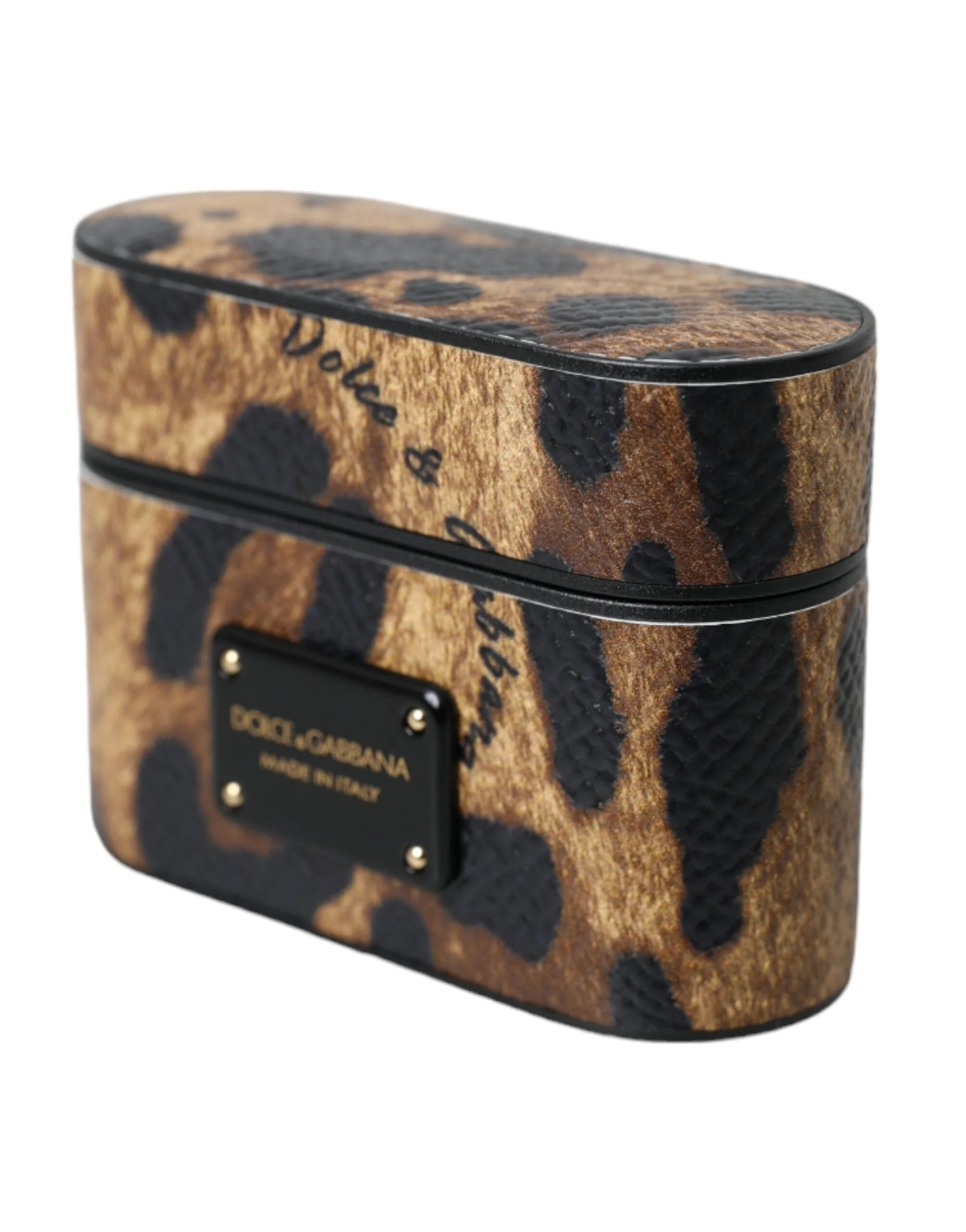 Dolce & Gabbana Brown Leopard Calf Leather Metal Logo Plaque Airpods Case - Headphone Carrying Cases