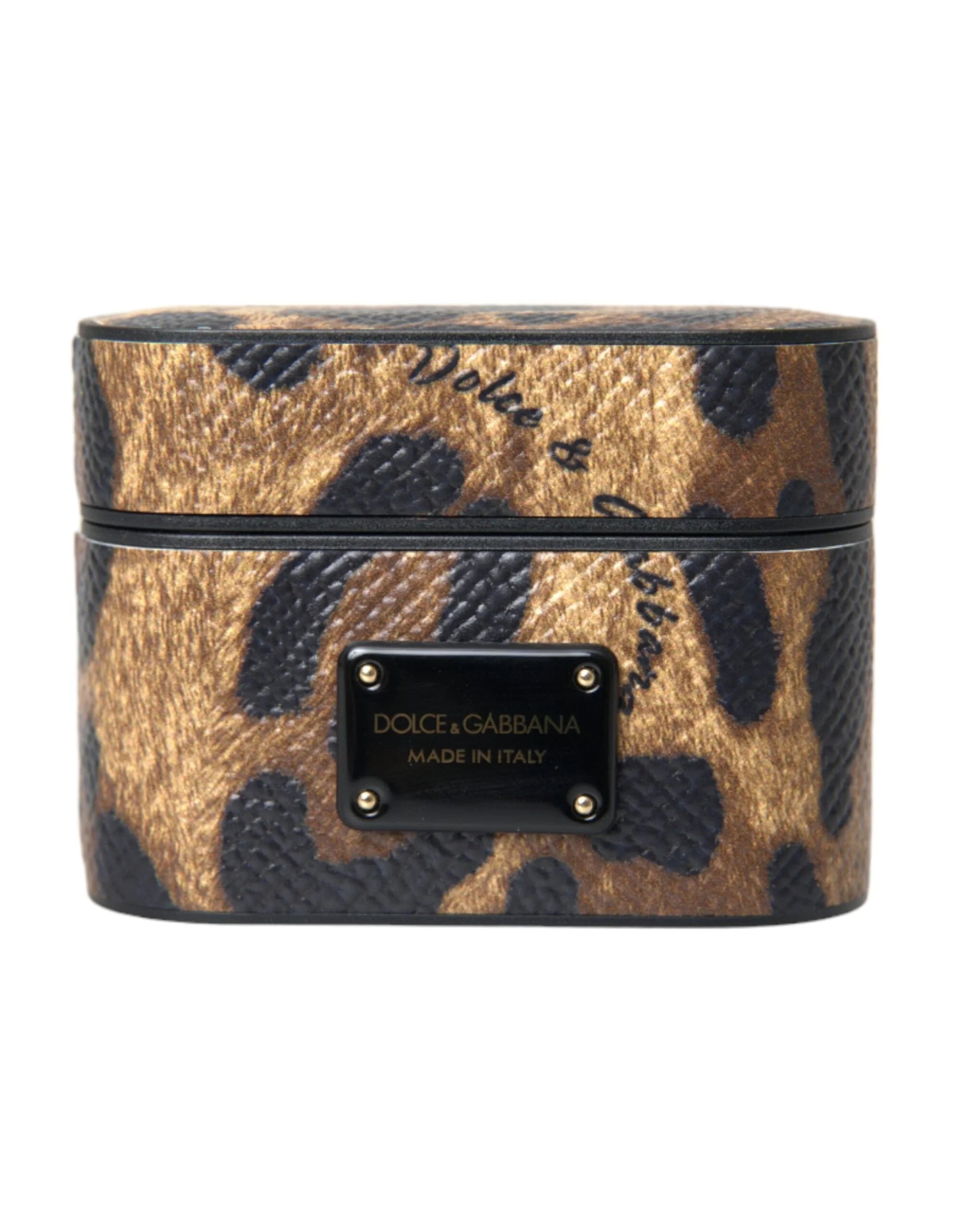 Dolce & Gabbana Brown Leopard Calf Leather Metal Logo Plaque Airpods Case - Headphone Carrying Cases