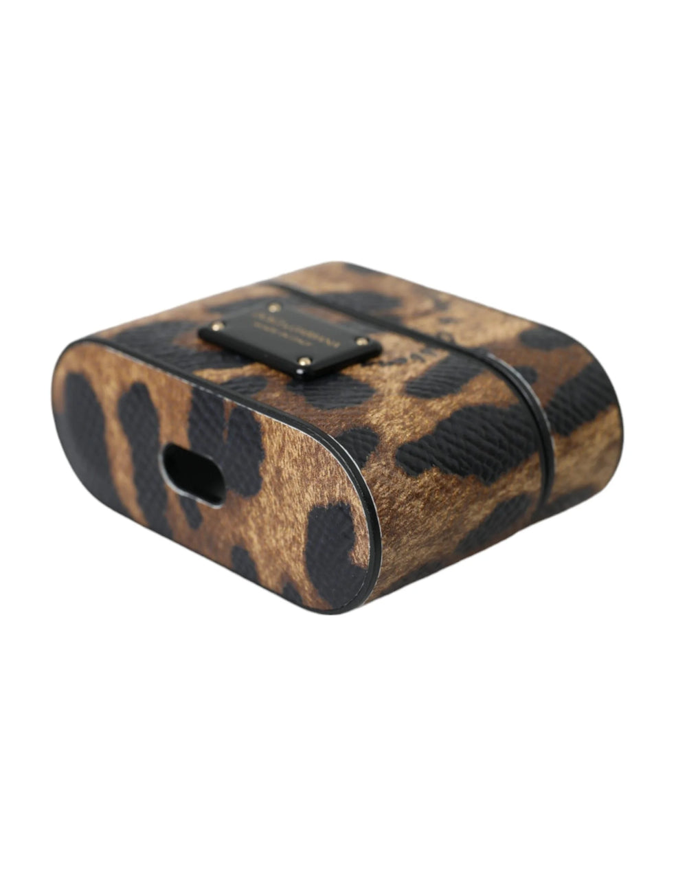 Dolce & Gabbana Brown Leopard Calf Leather Metal Logo Plaque Airpods Case - Headphone Carrying Cases