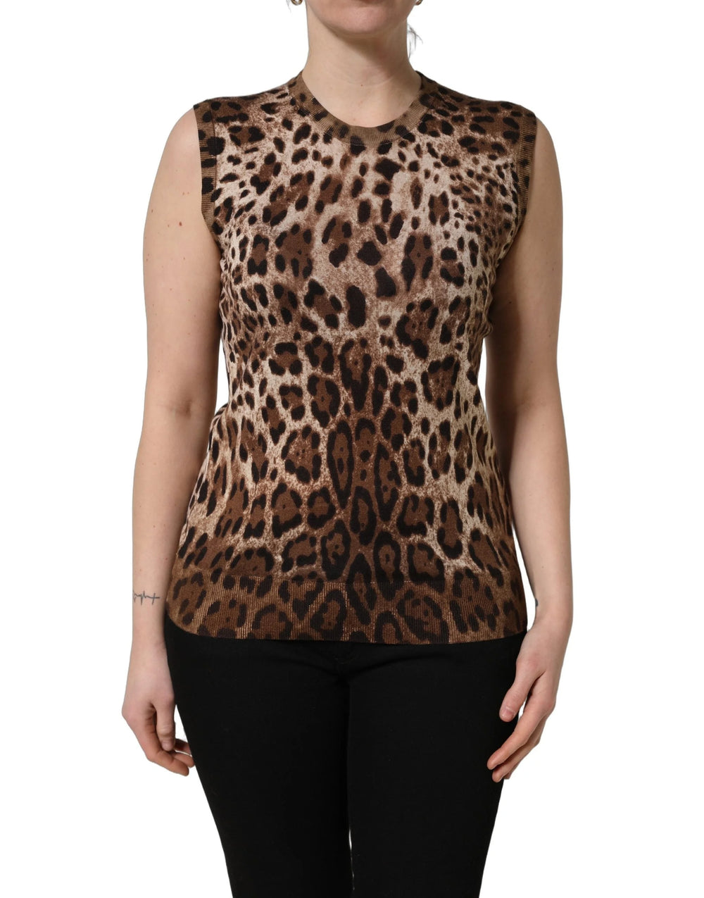 Dolce & Gabbana Brown Leopard Crew Neck Sleeveless Tank Top - IT46|XL