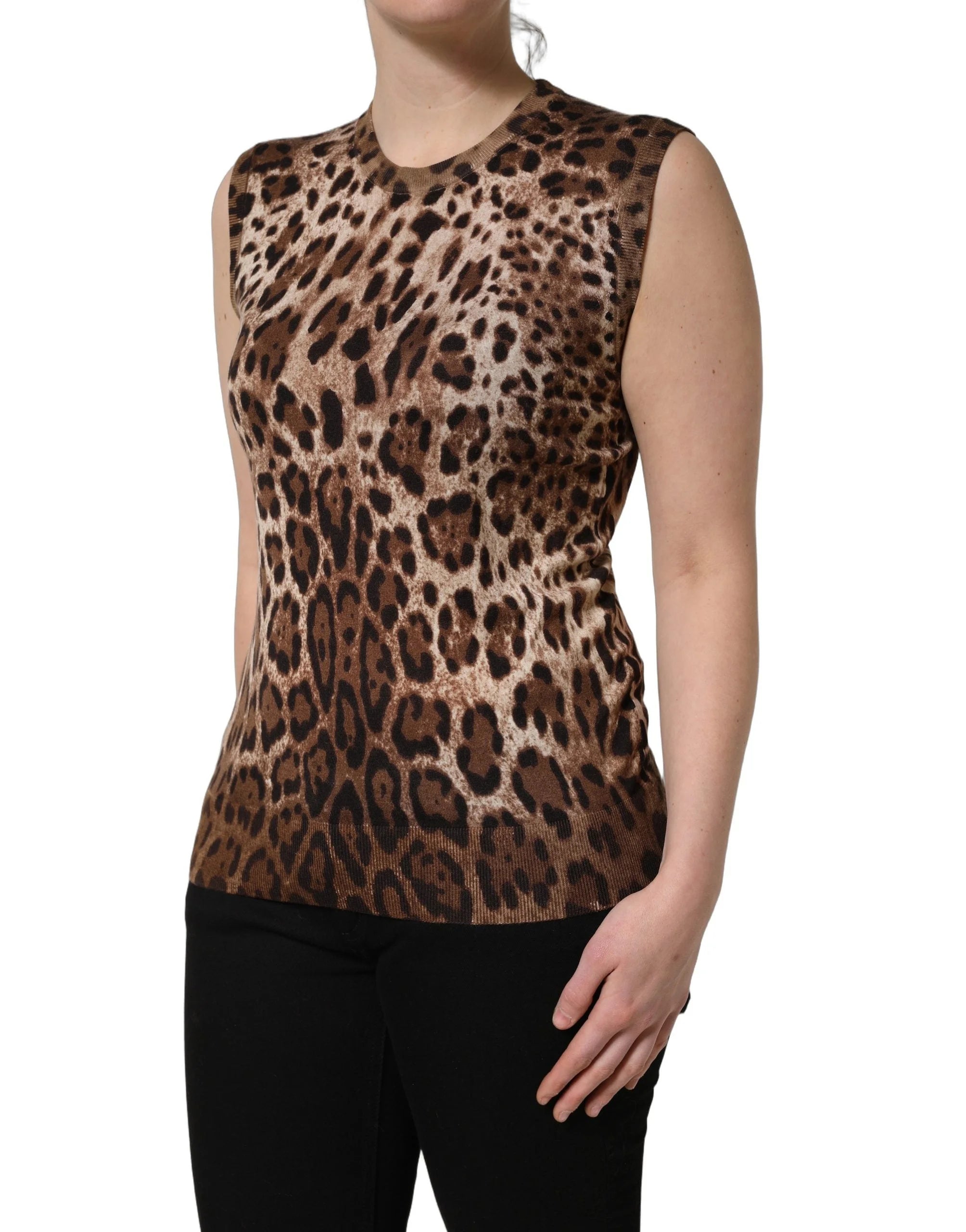 Dolce & Gabbana Brown Leopard Crew Neck Sleeveless Tank Top - IT46|XL