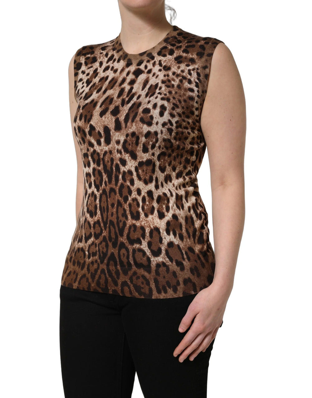 Dolce & Gabbana Brown Leopard Crew Neck Sleeveless Tank Top - IT46|XL