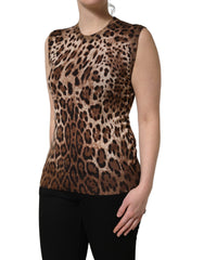 Dolce & Gabbana Brown Leopard Crew Neck Sleeveless Tank Top - IT46|XL