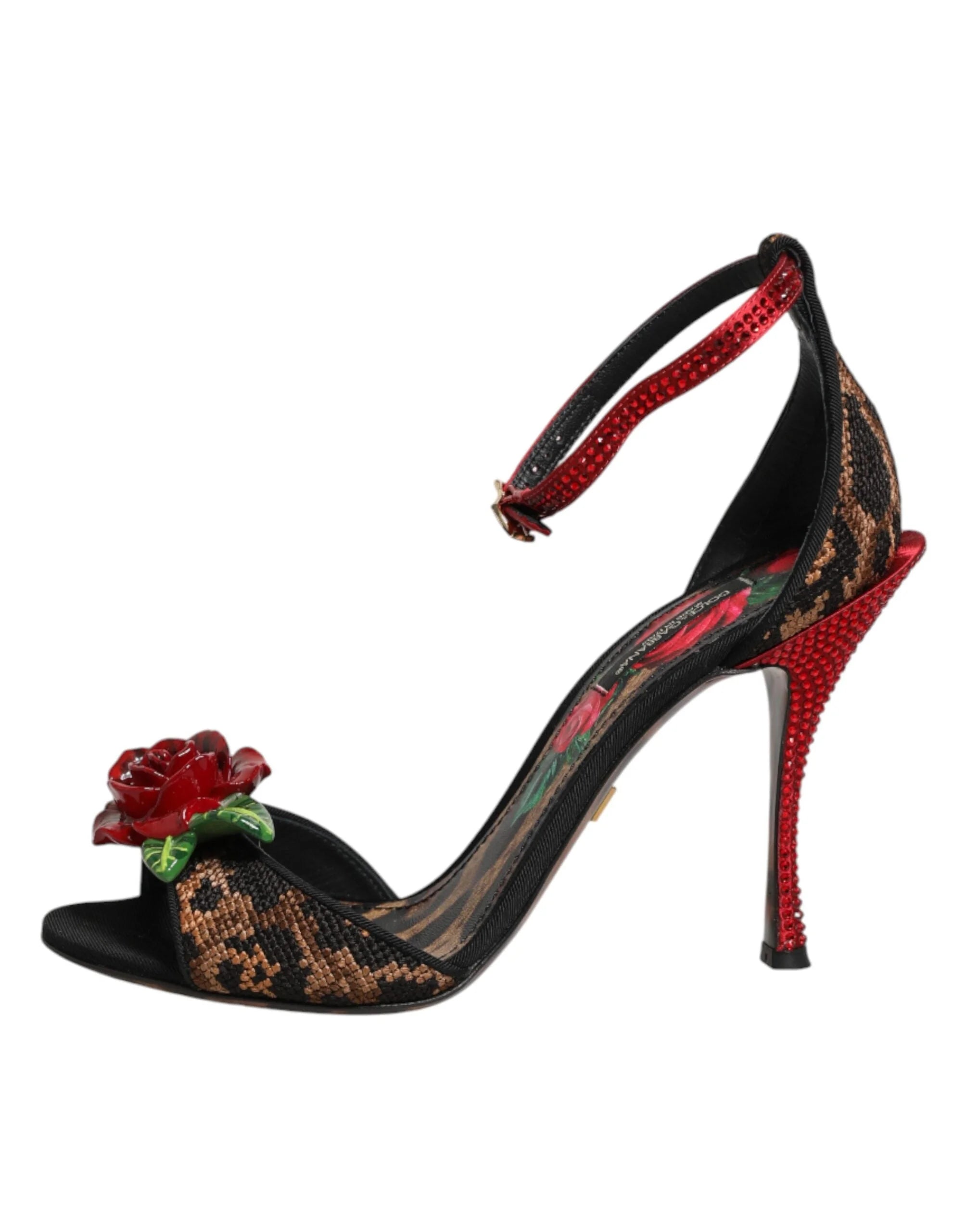 Dolce & Gabbana Brown Leopard Crystal Roses Sandals Shoes - Sandals