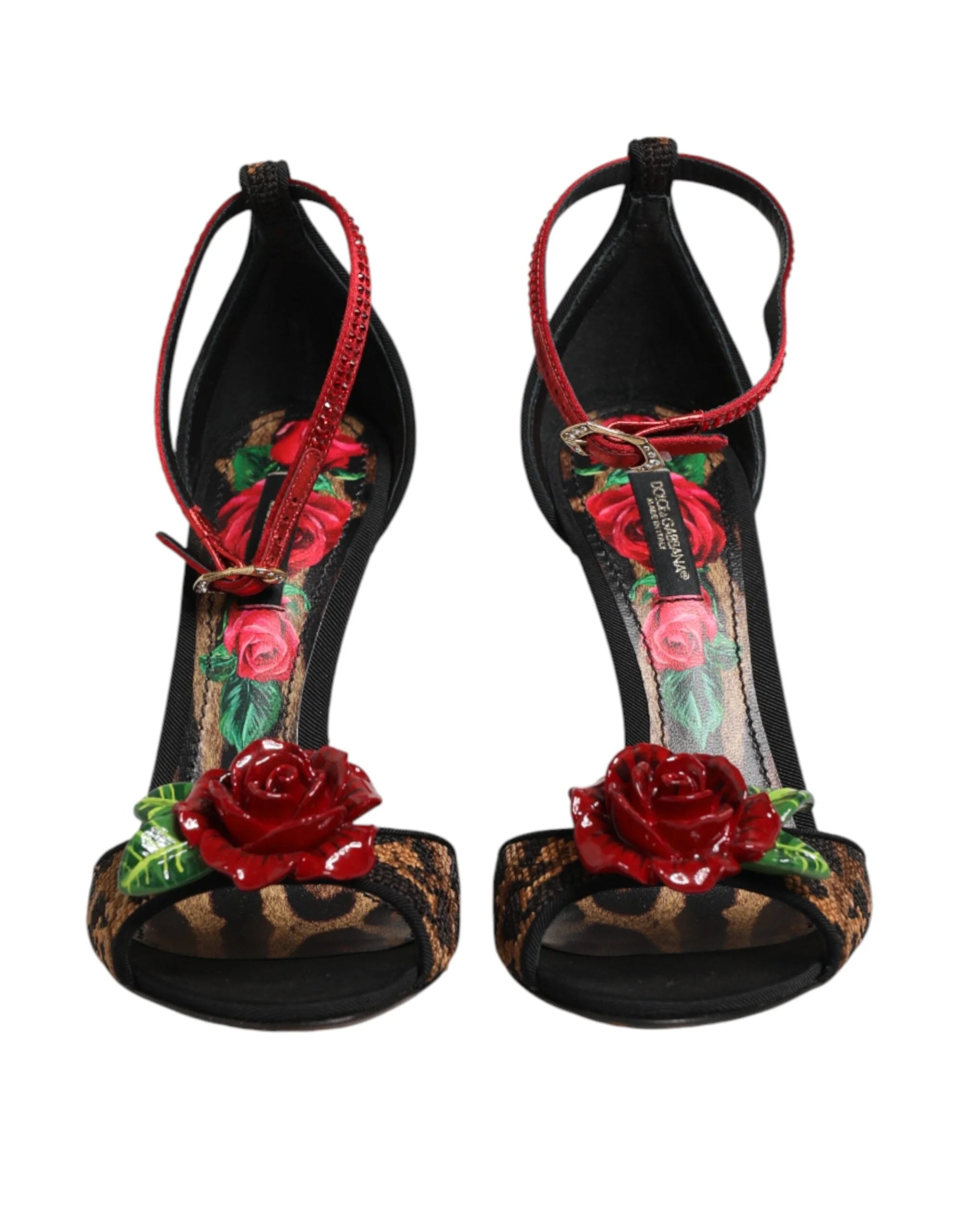Dolce & Gabbana Brown Leopard Crystal Roses Sandals Shoes - Sandals