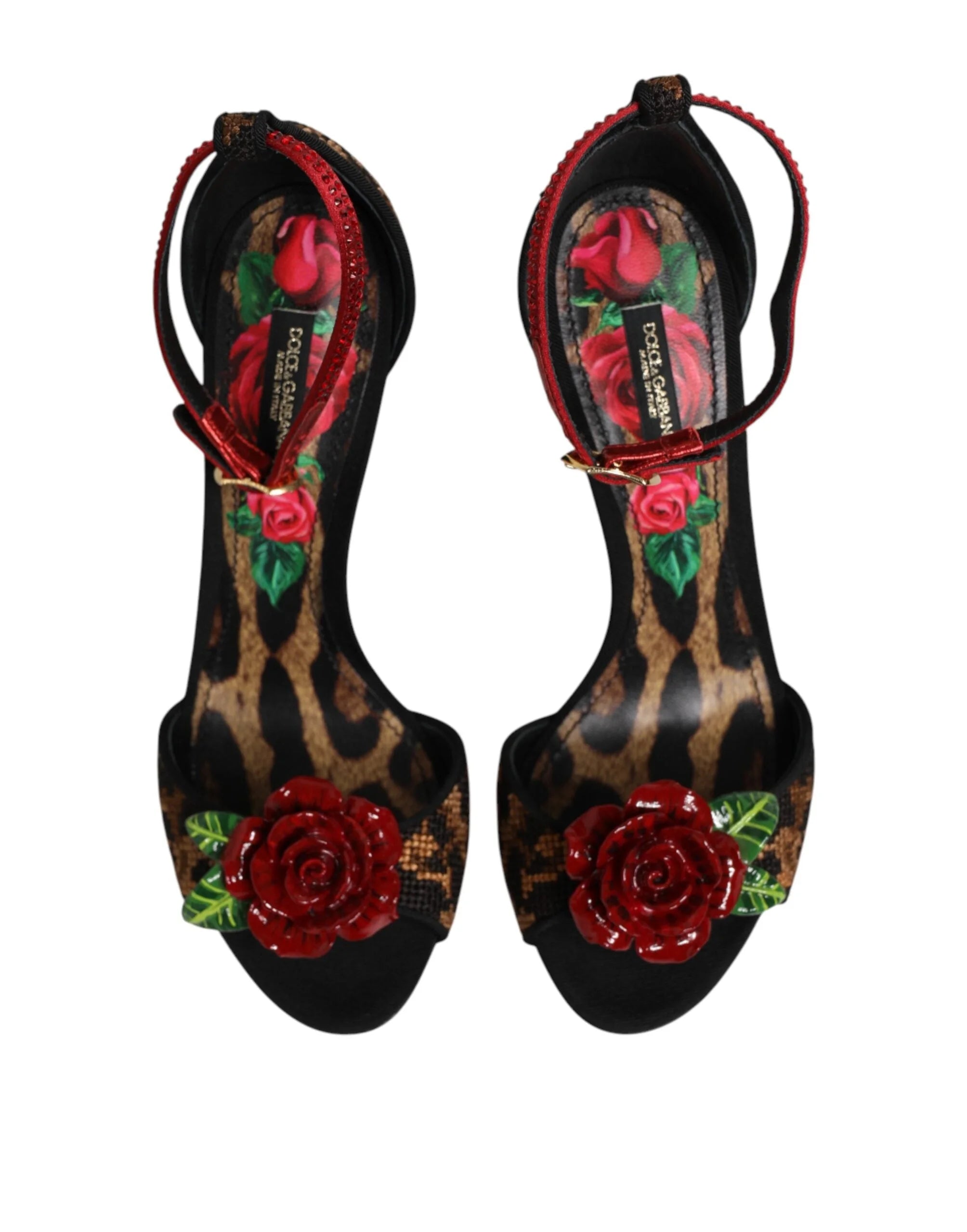 Dolce & Gabbana Brown Leopard Crystal Roses Sandals Shoes - Sandals