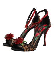 Dolce & Gabbana Brown Leopard Crystal Roses Sandals Shoes - EU35.5/US5 - Sandals