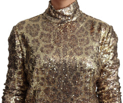 Dolce & Gabbana Brown Leopard Fit Turtleneck Sequin Sweater - IT46|XL - Sweaters